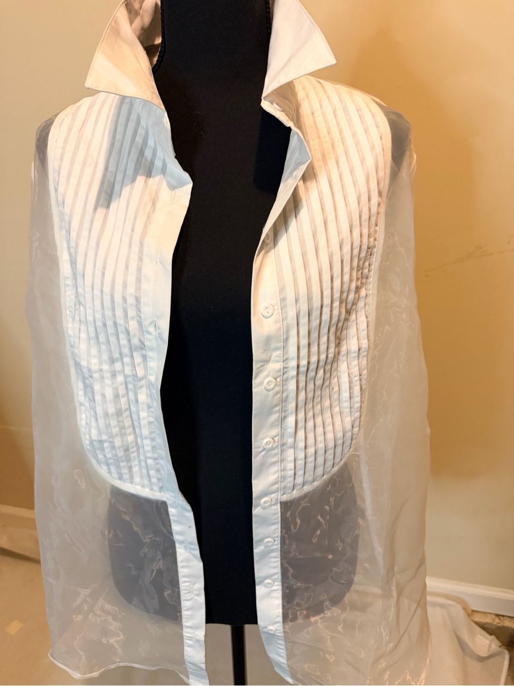 White Sheer Organza Panel shirt  with Pleated Front